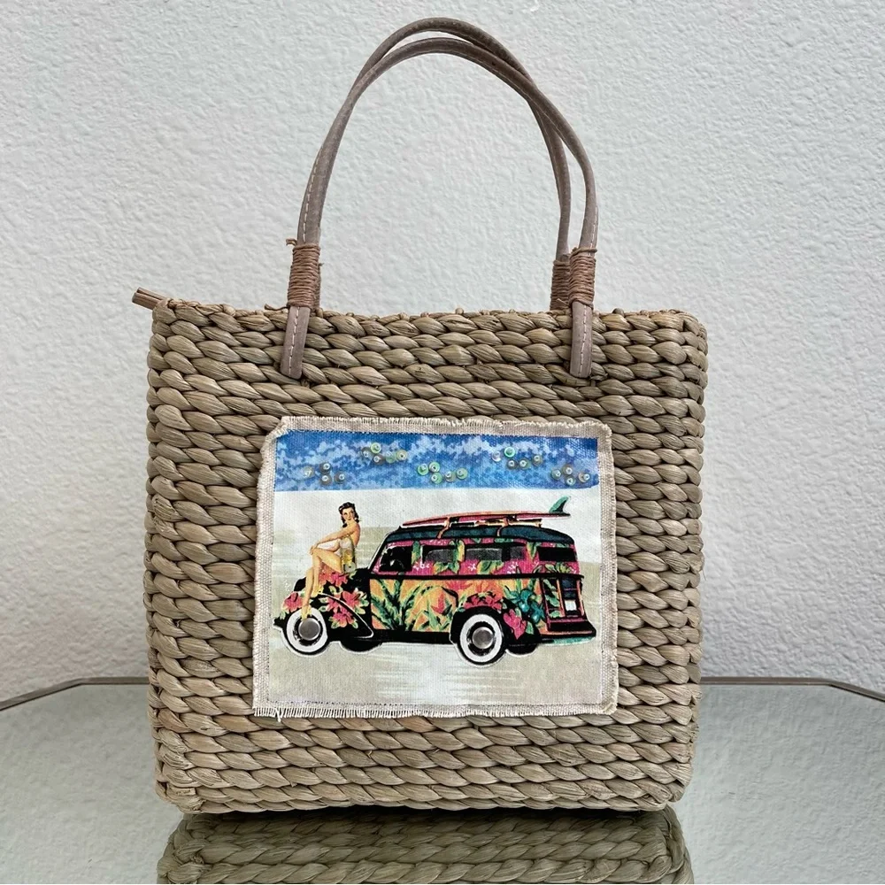 Vintage Y2K Beach Surf Volkswagen Bug Corn Husk Wicker Small Handbag Purse - Picture 2 of 13